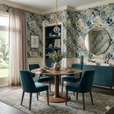 Eucalyptus Haze wallpaper with green leaves pattern and gold chandelier in a dining room.