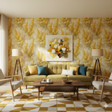 Sunflare Meadow wallpaper with yellow floral print, covering the living room walls.