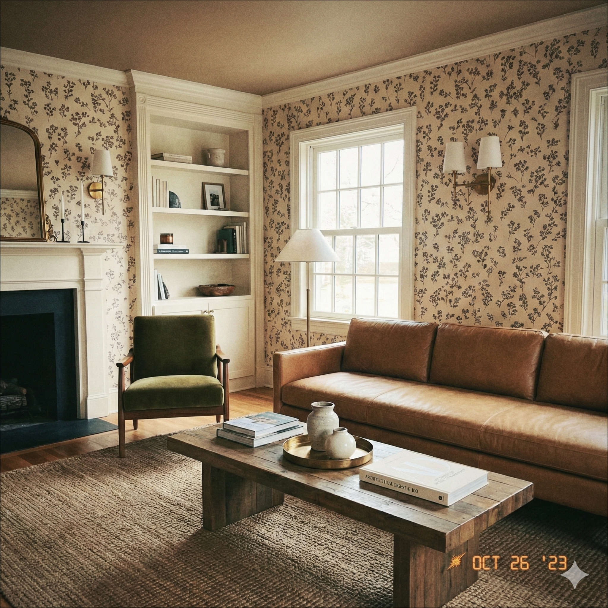 Patterned wallpaper with floral motifs on a beige backdrop with traditional living room decor.