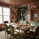 Floral wallpaper with pink, peach, and green pattern features lush blooms and foliage.