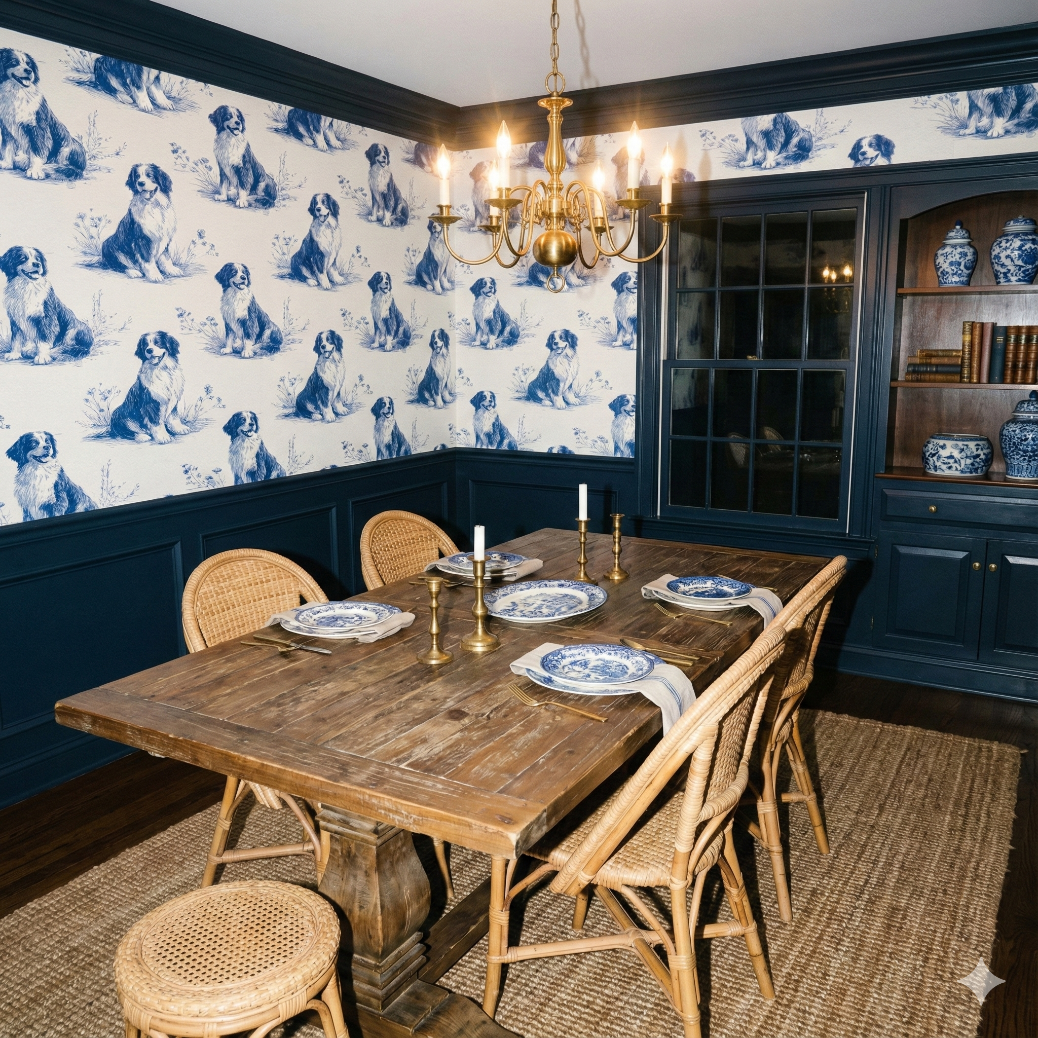 Cloudborne Persians Wallpaper with a repeating blue dog pattern on a white background.