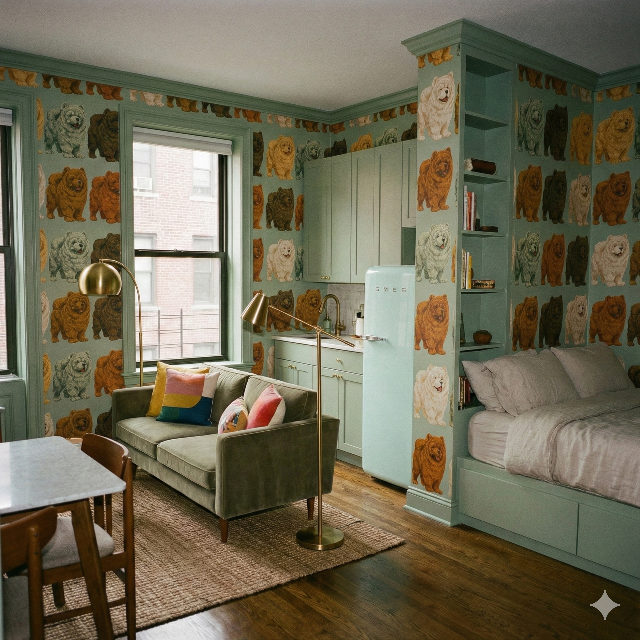 Green Halston Grove wallpaper with dog motif by Chasing Paper, covering the walls in a styled bedroom.