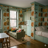 Green Halston Grove wallpaper with dog motif by Chasing Paper, covering the walls in a styled bedroom.