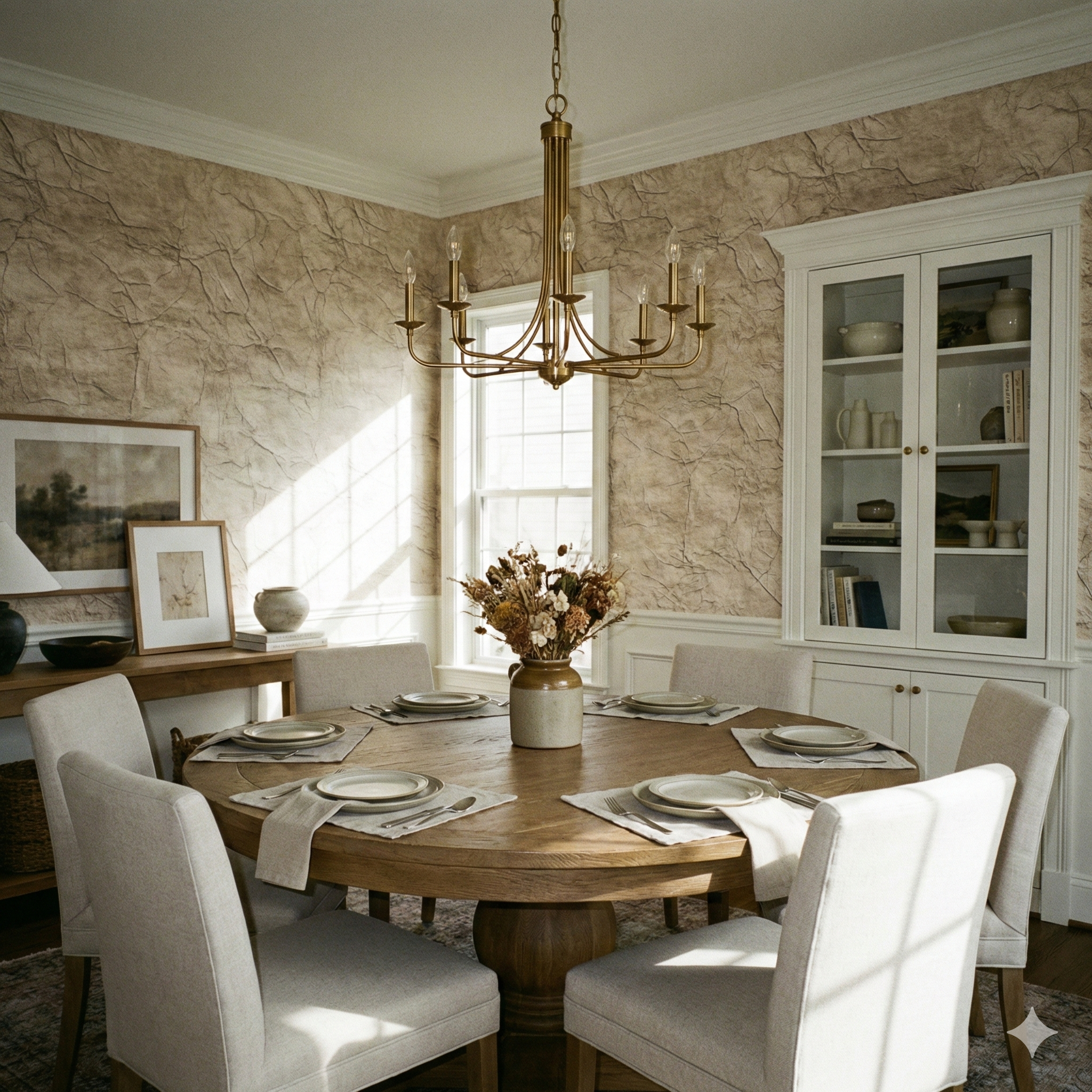 Paper Relic Wallpaper with a textured, faux cracked finish, shown in a dining room setting.