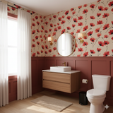 Floral wallpaper with red blooms on a beige background, featuring a stylized design.