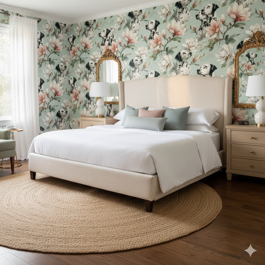 Floral and Dalmatian patterned Magnolia Ashcroft Wallpaper featuring a light green background.