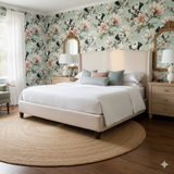 Floral and Dalmatian patterned Magnolia Ashcroft Wallpaper featuring a light green background.