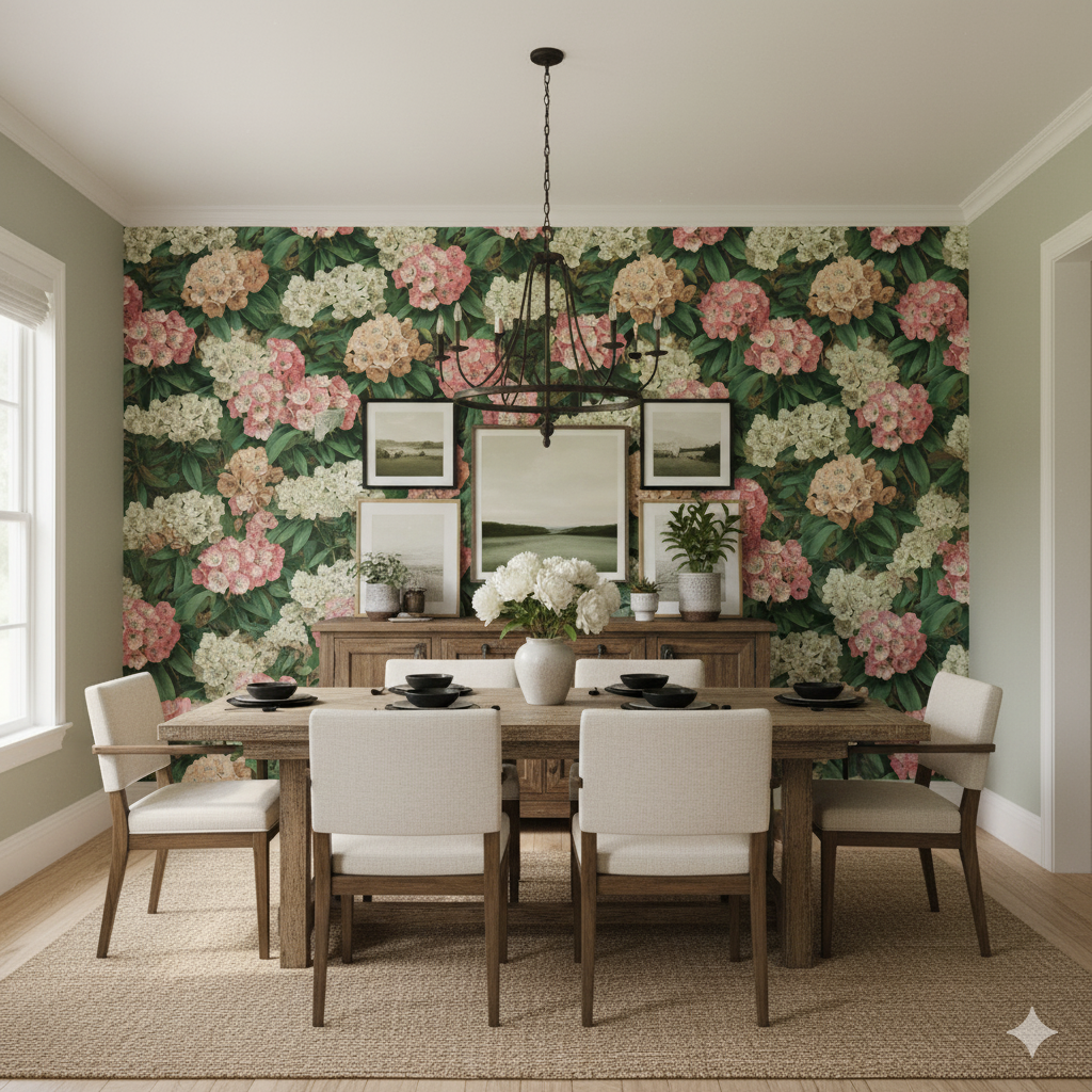 Floral wallpaper with pink and white blossoms, from the wallpaper category, displayed on a dining room wall.