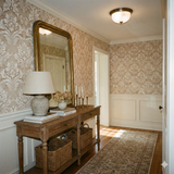 Linen Reverie Damask Wallpaper with tan damask pattern, elegant traditional design.
