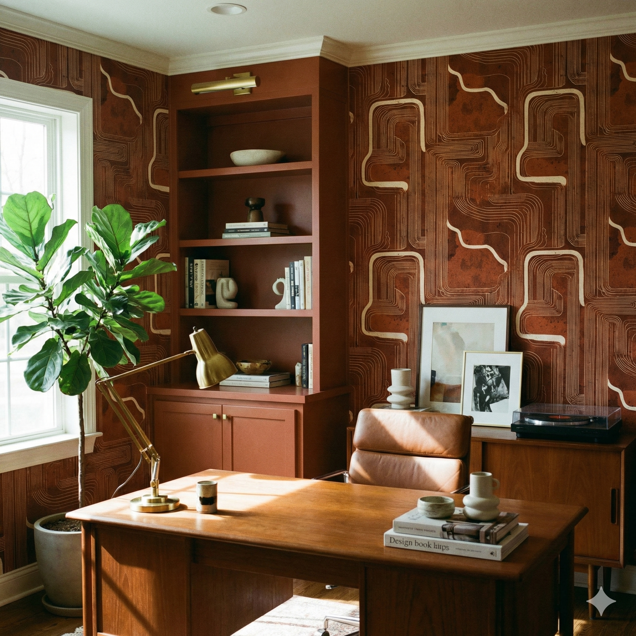 Geometric patterned wallpaper by Hygge & West, featuring mid-century modern shapes and a warm brown color palette.