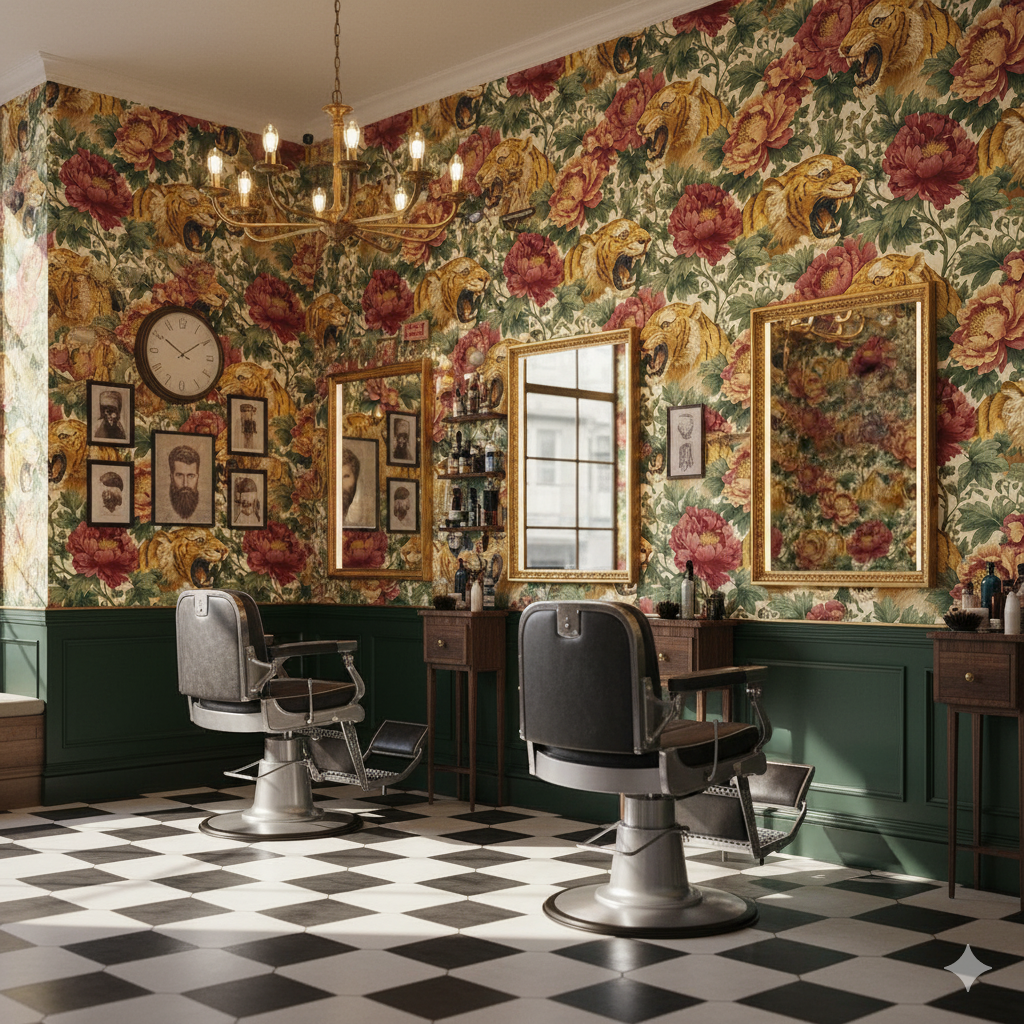 Floral and tiger patterned wallpaper with gold framed mirrors and black barber chairs.
