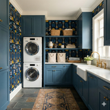 Floral patterned wallpaper with blue and yellow details, covering the walls of a laundry room.