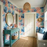 Coral-patterned wallpaper with floral accents, covering the walls of a hallway, creating a coastal style.