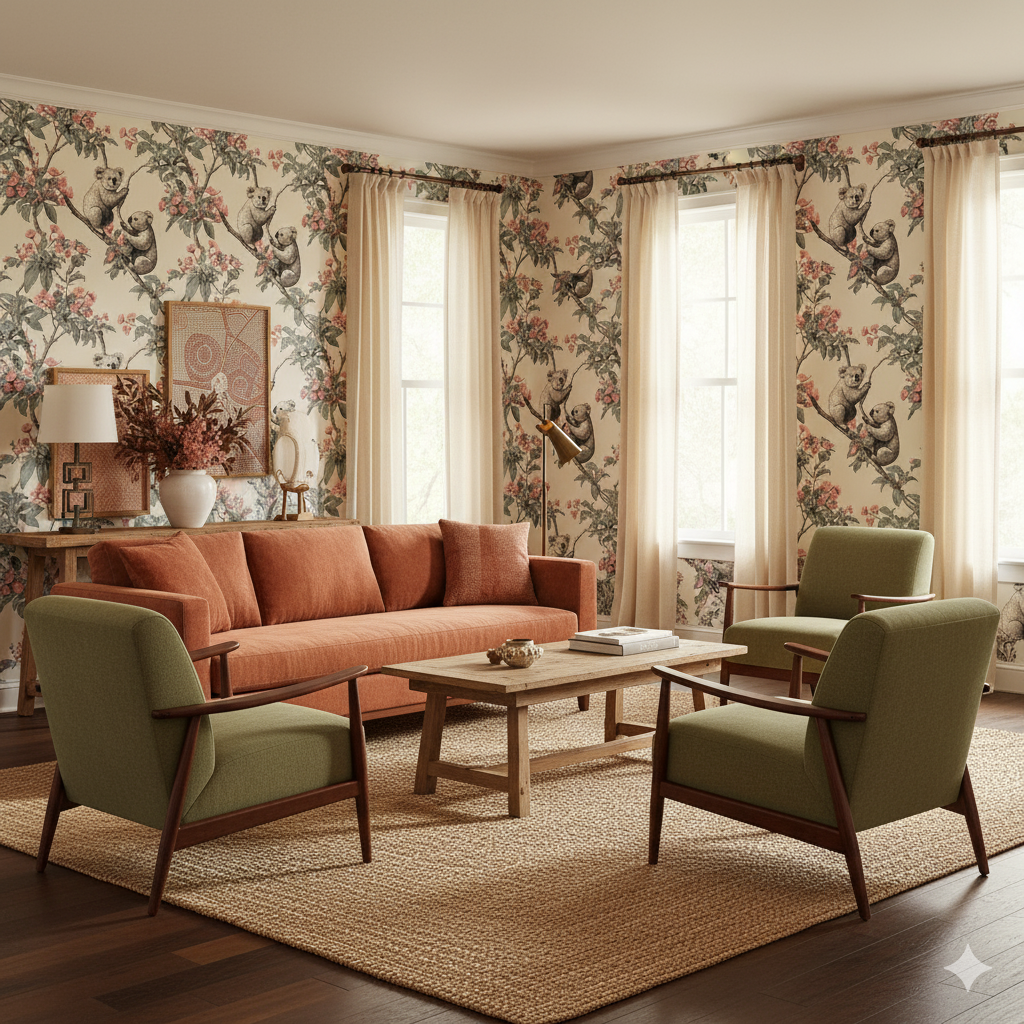 Gumtree Companions Wallpaper with a koala and floral design, covering the room walls.