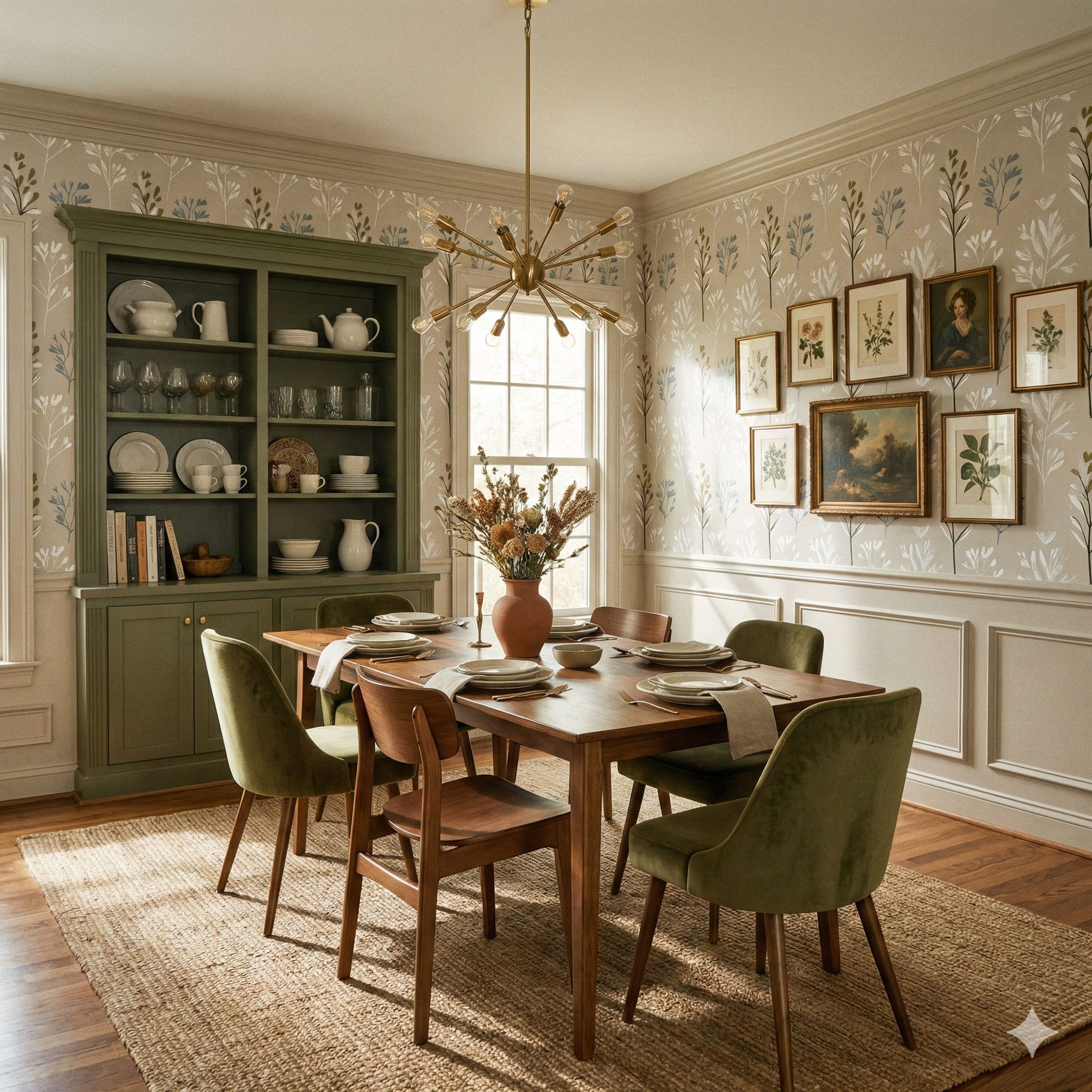 Floral pattern wallpaper from Florentine Vale, showcased in a styled dining room with traditional furniture.