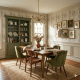 Floral pattern wallpaper from Florentine Vale, showcased in a styled dining room with traditional furniture.