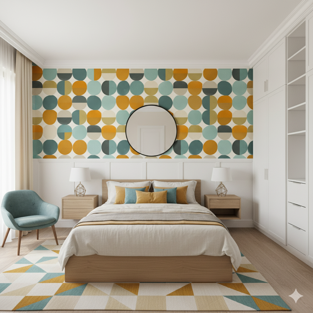 Solenne wallpaper with geometric pattern by Brewster Wallcovering displayed on a bedroom accent wall.