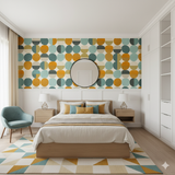Solenne wallpaper with geometric pattern by Brewster Wallcovering displayed on a bedroom accent wall.