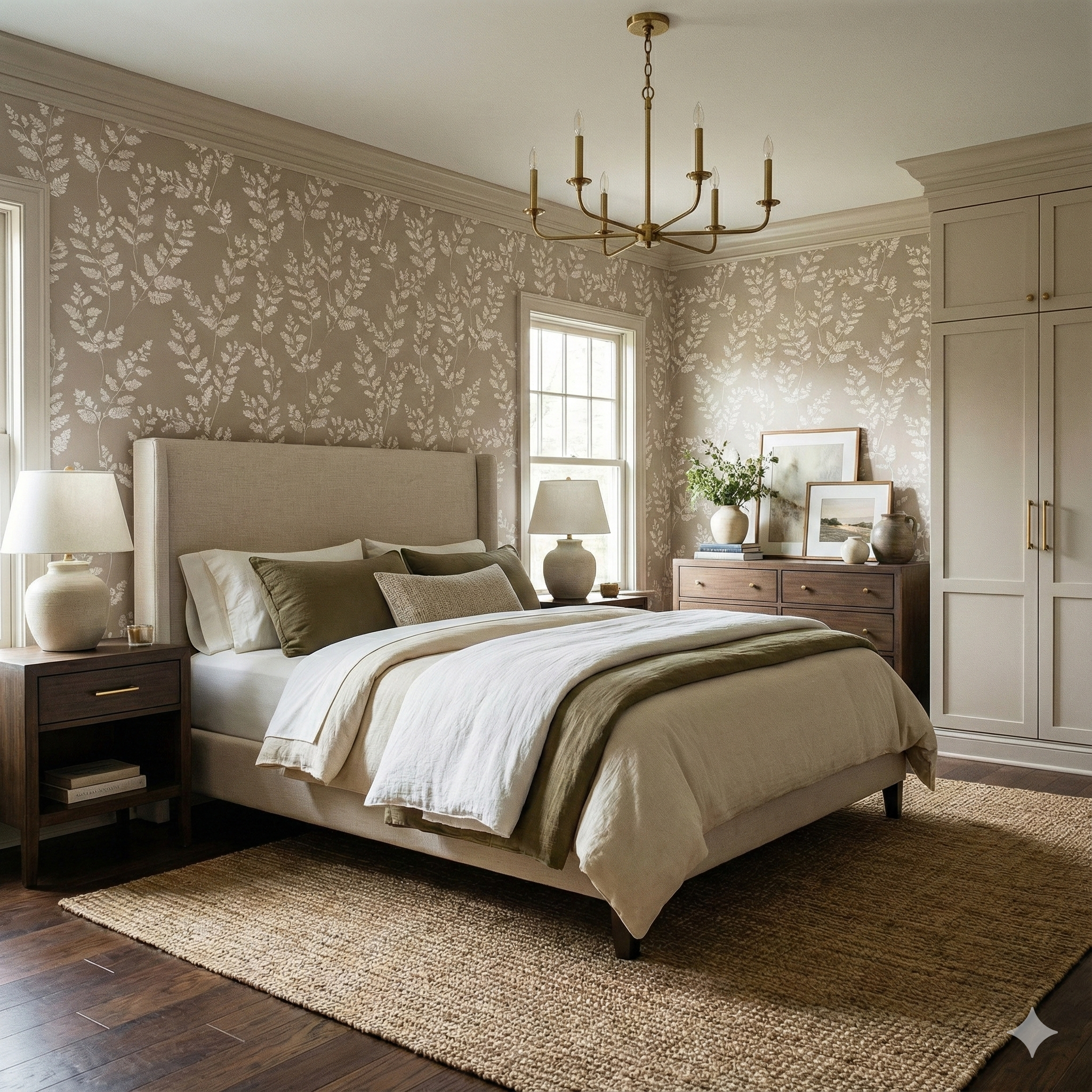 Fernshade wallpaper with leaf pattern, visible throughout a bedroom.