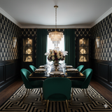 Deco Reverie Wallpaper, patterned with black triangles with golden accents.
