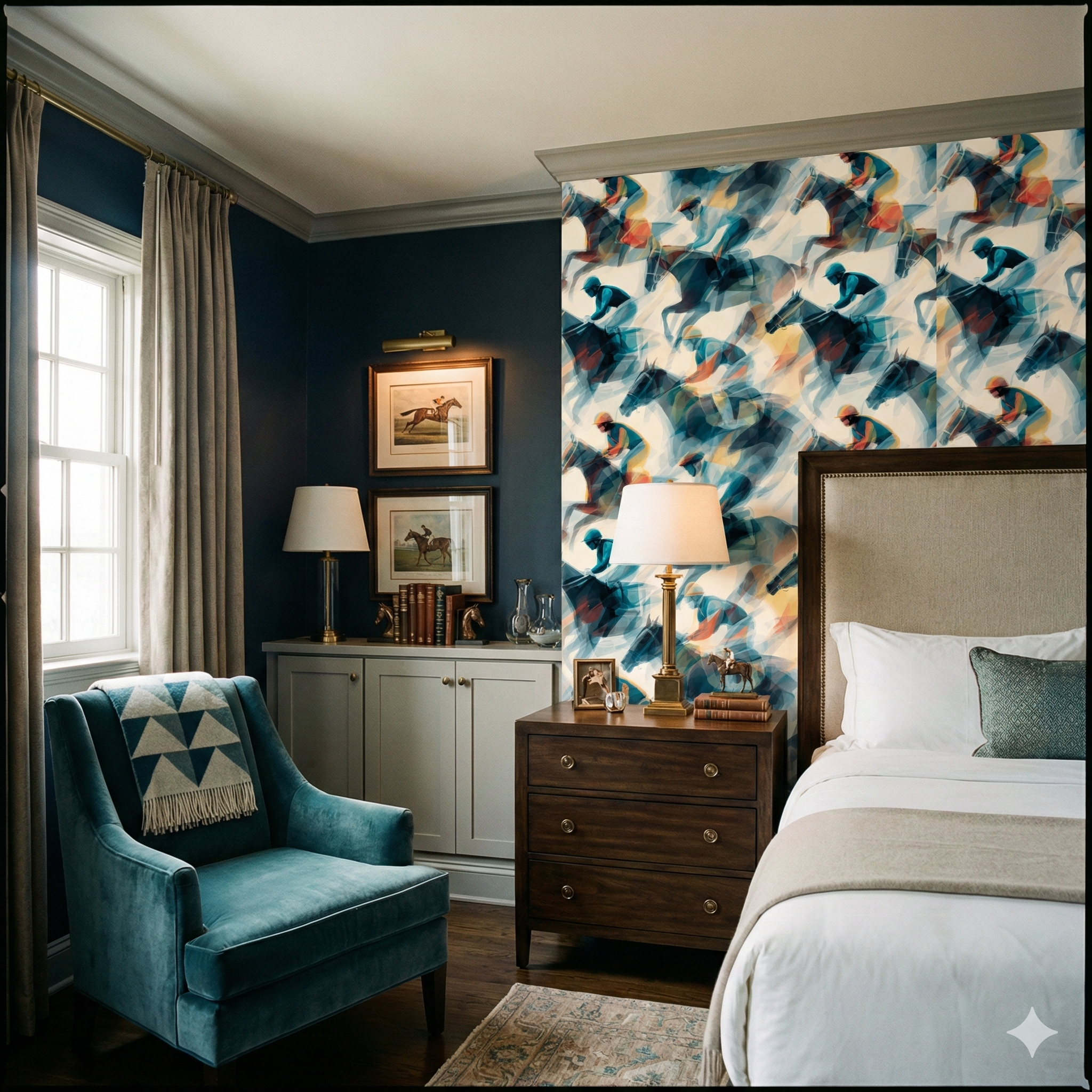 Saddlecloth Velocity Wallpaper with horse racing pattern on accent wall in traditional bedroom.