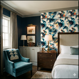 Saddlecloth Velocity Wallpaper with horse racing pattern on accent wall in traditional bedroom.