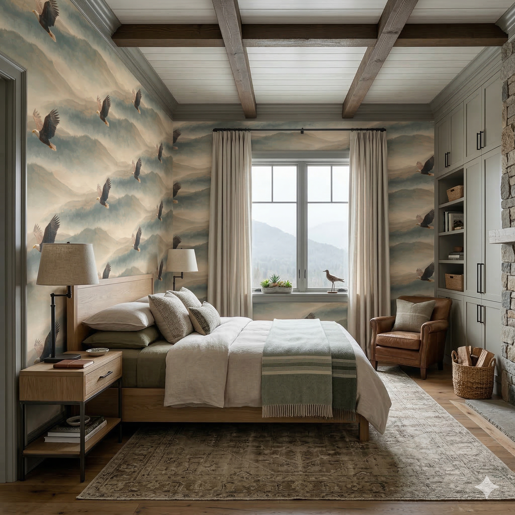 Highland Aerie wallpaper with a mountain and eagle pattern, displayed on a bedroom wall.
