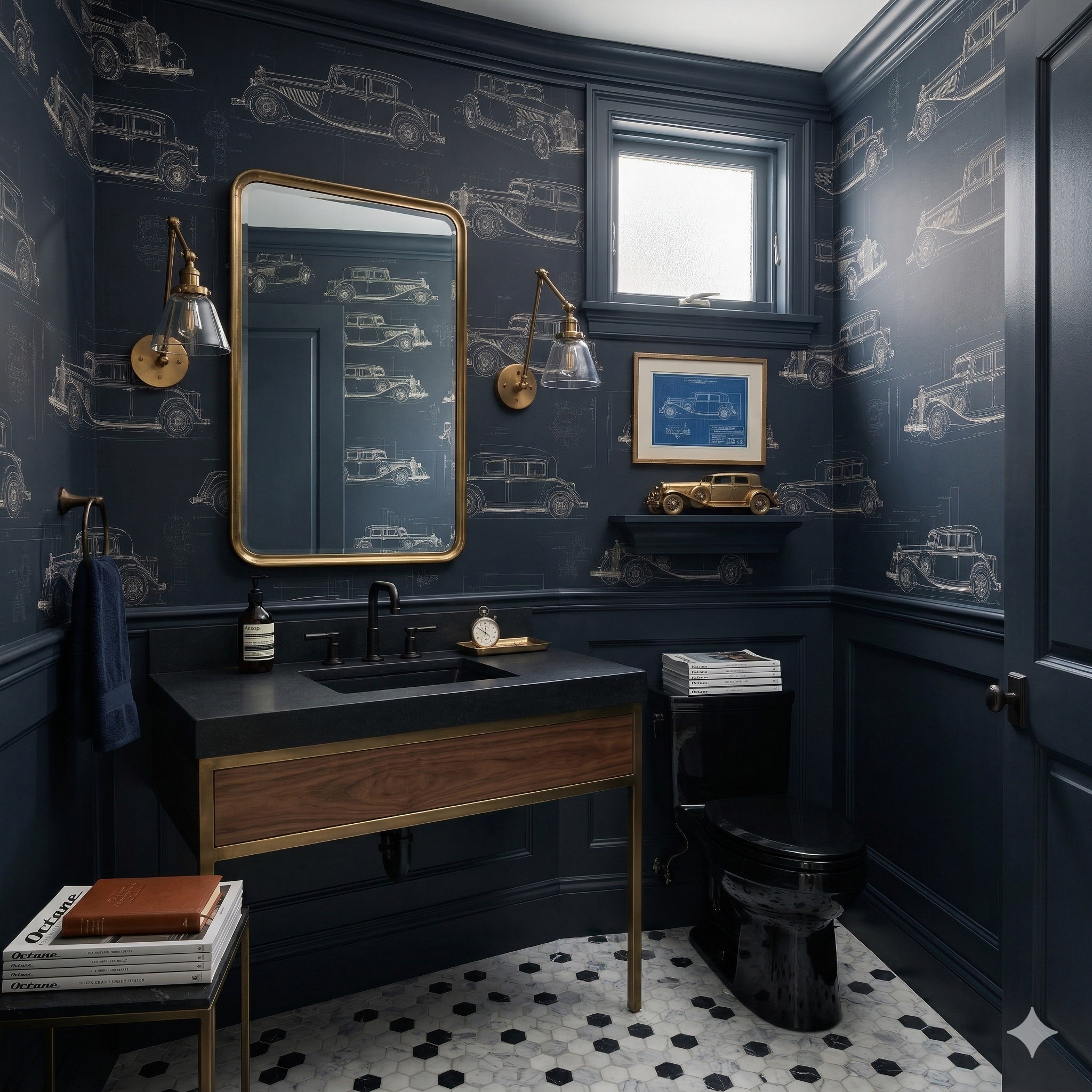 Motor archive wallpaper with car blueprint pattern, and navy trim in a styled bathroom.