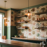 Mug-patterned wallpaper by Copper Mule Market, with brown shelving and metallic copper cups.