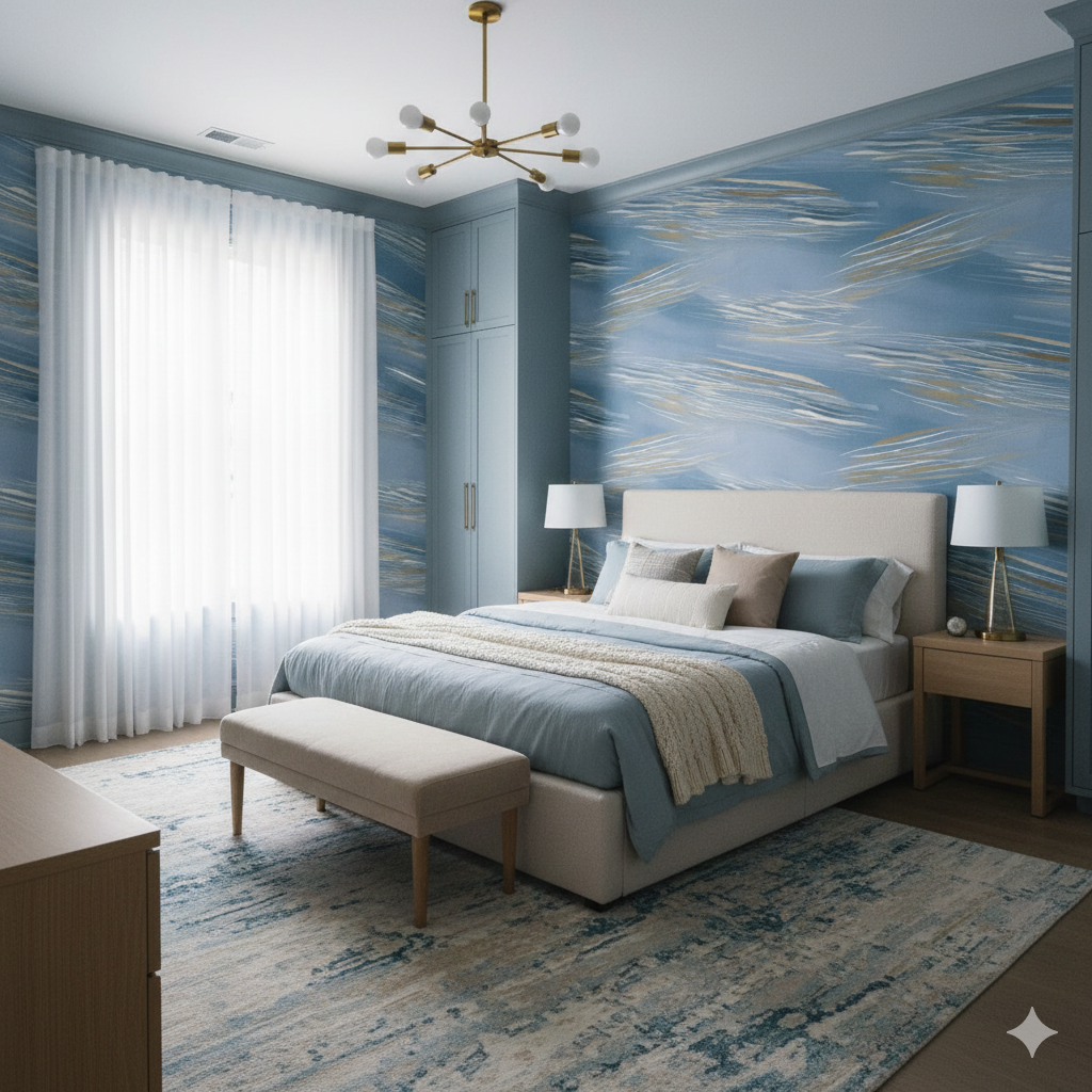 Blue patterned wallpaper with white and gold accents, styled on bedroom walls.