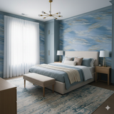 Blue patterned wallpaper with white and gold accents, styled on bedroom walls.