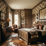 Patterned wallpaper, Brandmark Union, in a bedroom setting, featuring a bed, cowhide rug, and western-style décor.
