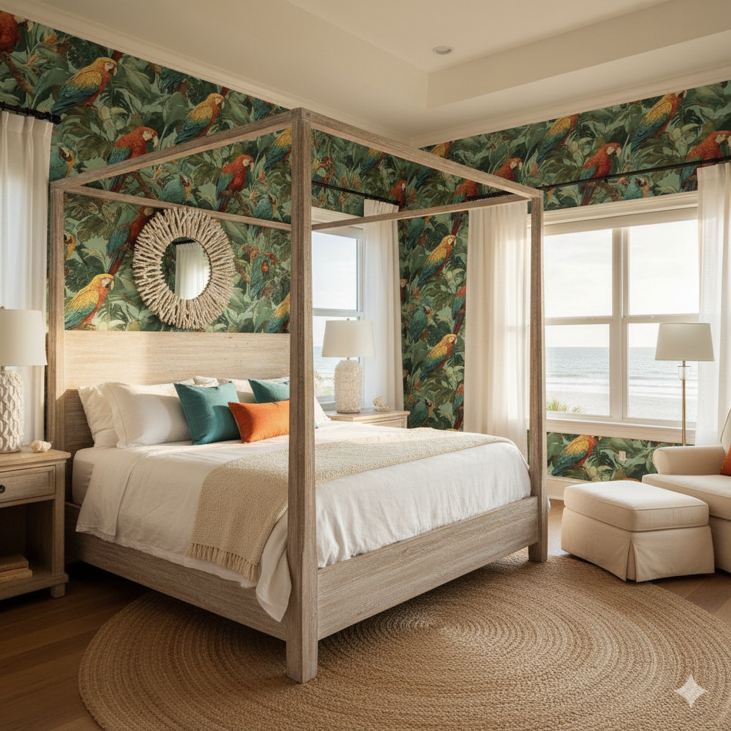 Crimson Chorus Wallpaper with parrot and jungle foliage pattern.