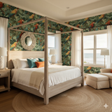 Crimson Chorus Wallpaper with parrot and jungle foliage pattern.