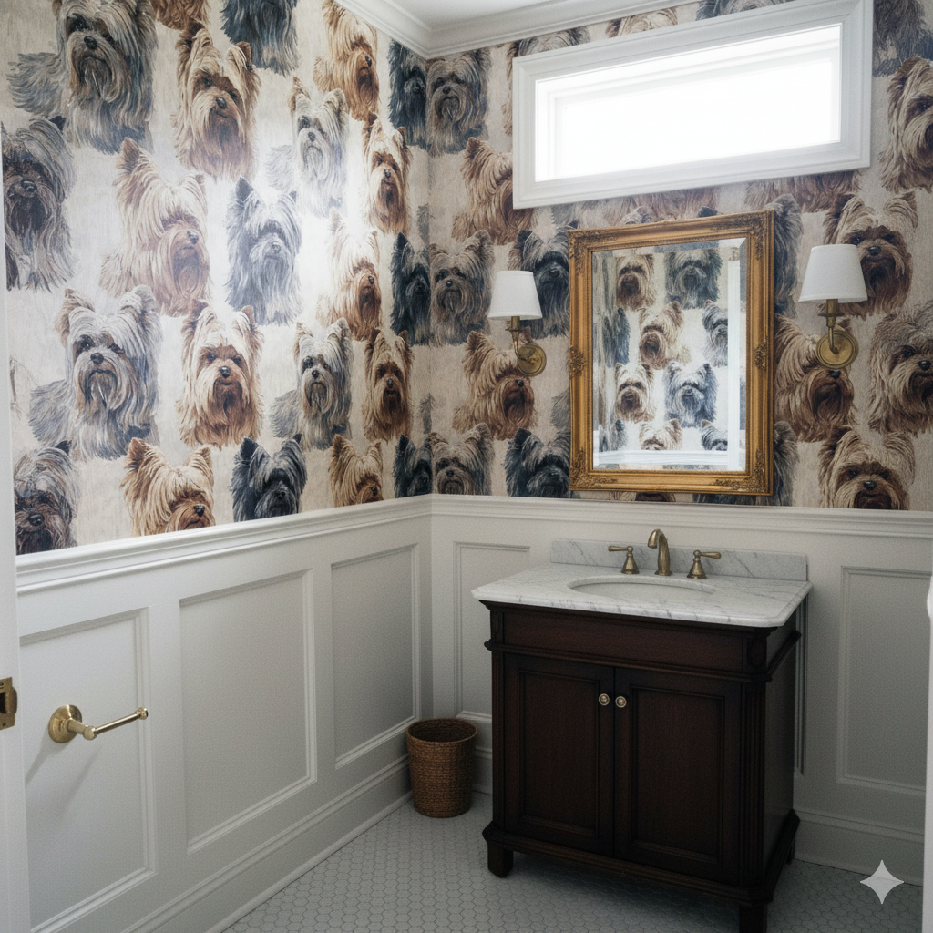Park Row Wallpaper with a dog portrait pattern on paper texture.