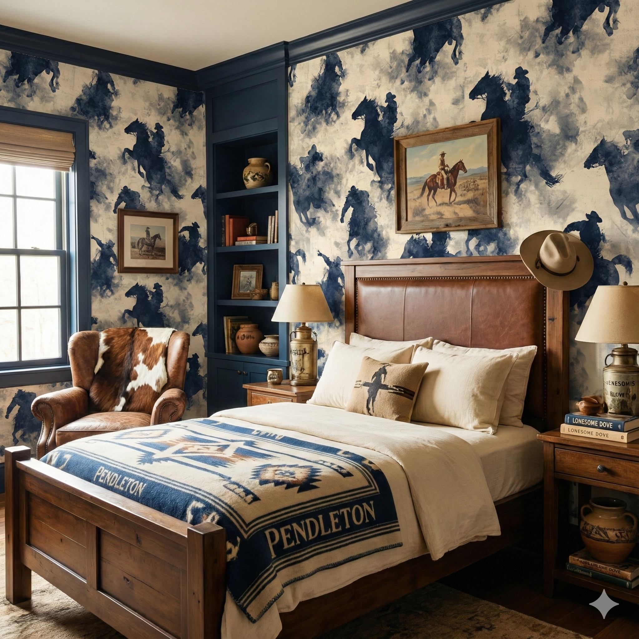 Patterned wallpaper by York Wallcoverings featuring a cowboy and horse design in blue and cream, with a distressed texture.
