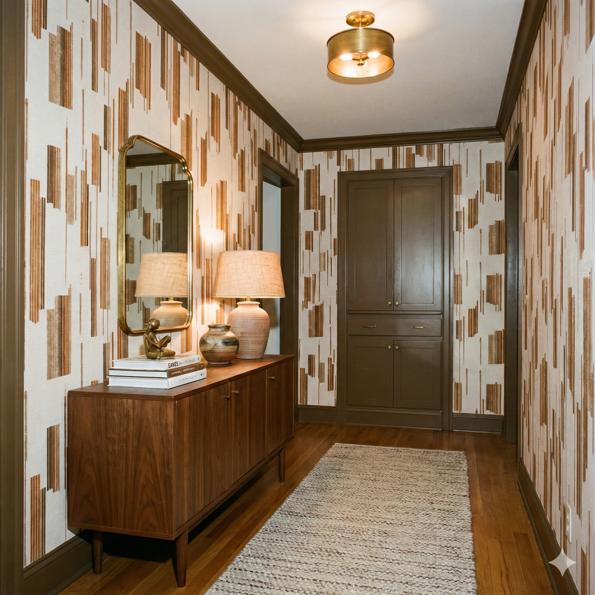 Switchgrass Fringe wallpaper with a vertical stripe pattern and brown accents, decorating a hallway with brown trim and wooden floors.