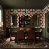 Floral print wallpaper from Ciderfolk, with a red blossom motif over a neutral background.