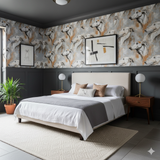 Hound wallpaper with grey and tan coloring, featuring a grey painted lower wall and matching trim.