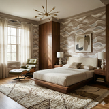 Neutral-toned wallpaper with a wavy pattern, indistinctly textured.
