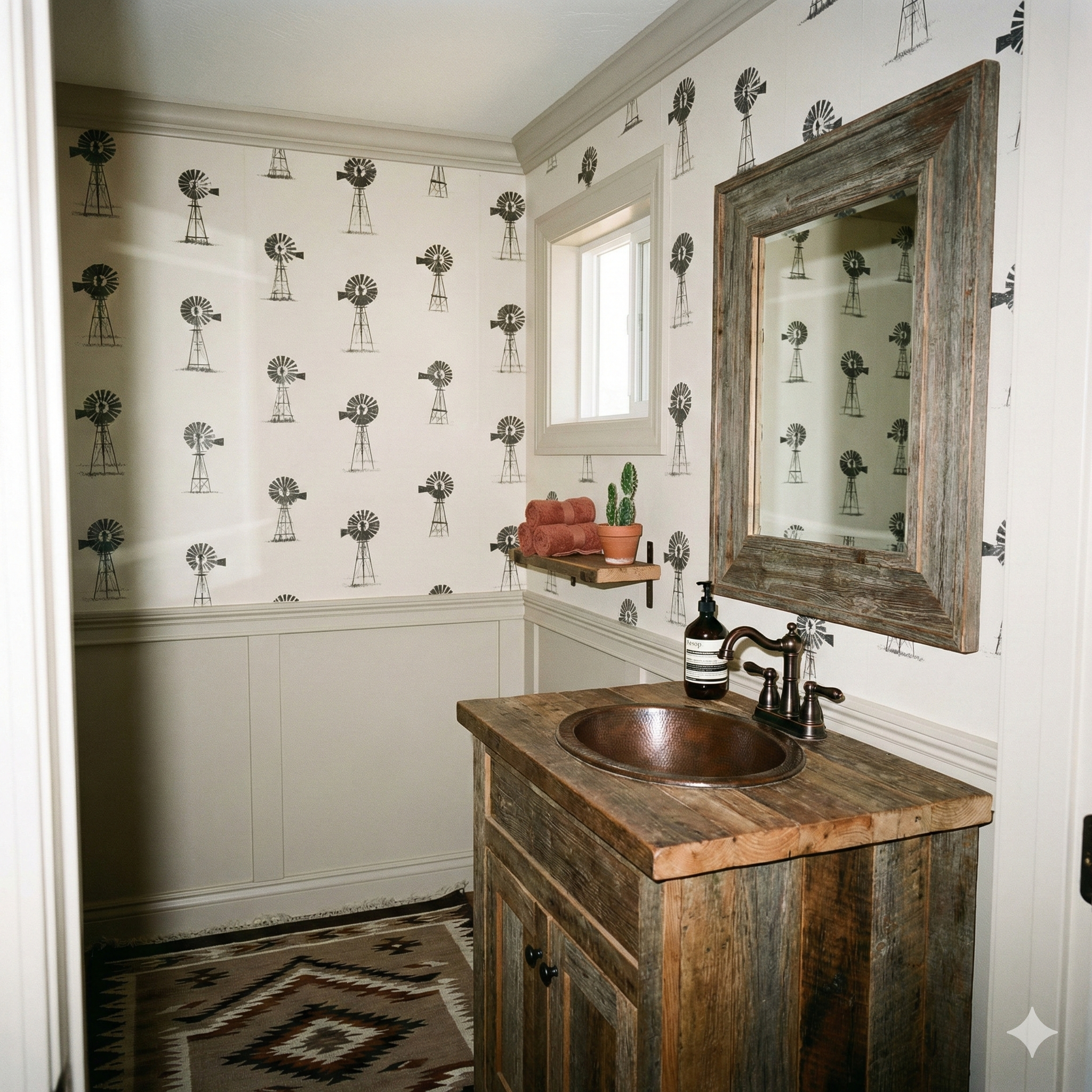 Stockyard No. 17 Wallpaper with windmill pattern, over wainscoting in a rustic bathroom.