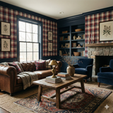 Redwood Ledger wallpaper with red, white, and blue plaid pattern, covering a cozy living room.
