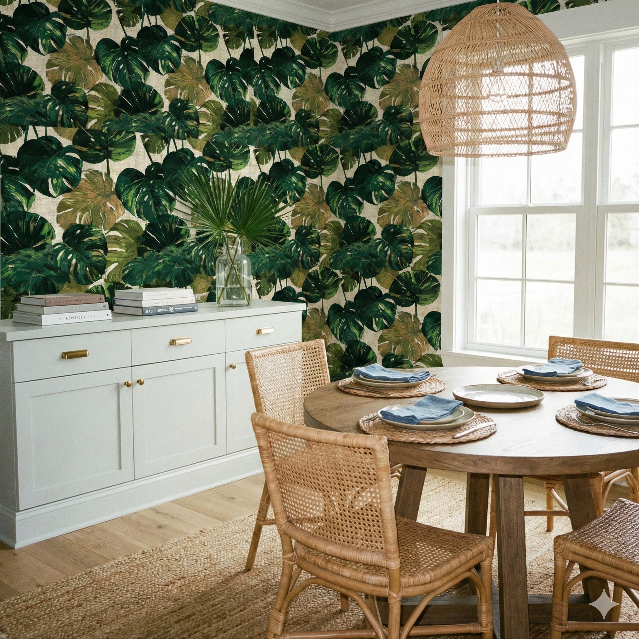 Patterned Emerald Foundry Wallpaper with monstera leaf design on a textured neutral background.
