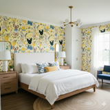 Lemonbloom Companions Wallpaper with dog and lemon motif, covering bedroom walls.