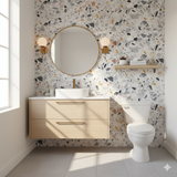 Terrazzo style Glacier Stone Wallpaper with colorful speckles on an accent wall in a modern bathroom setting.

