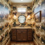 The Kingsley Range Wallpaper showing a repeating pattern of moose in a rustic bathroom setting.
