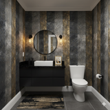 Vertical striped Valenforge Wallpaper with a gold and gray textural pattern in a powder room setting.