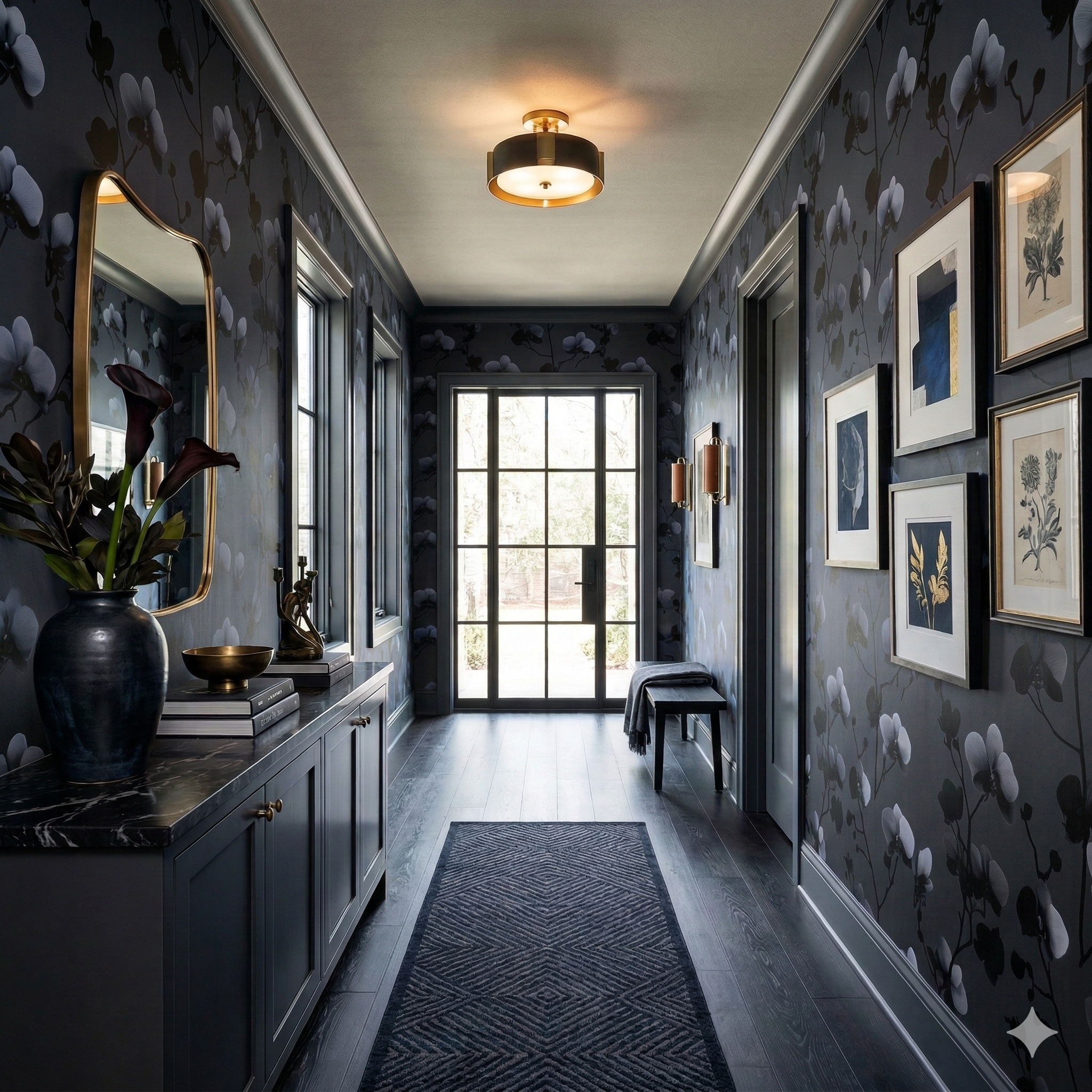 Floral wallpaper with grey and white accents, featuring a dark, moody aesthetic.