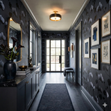 Floral wallpaper with grey and white accents, featuring a dark, moody aesthetic.