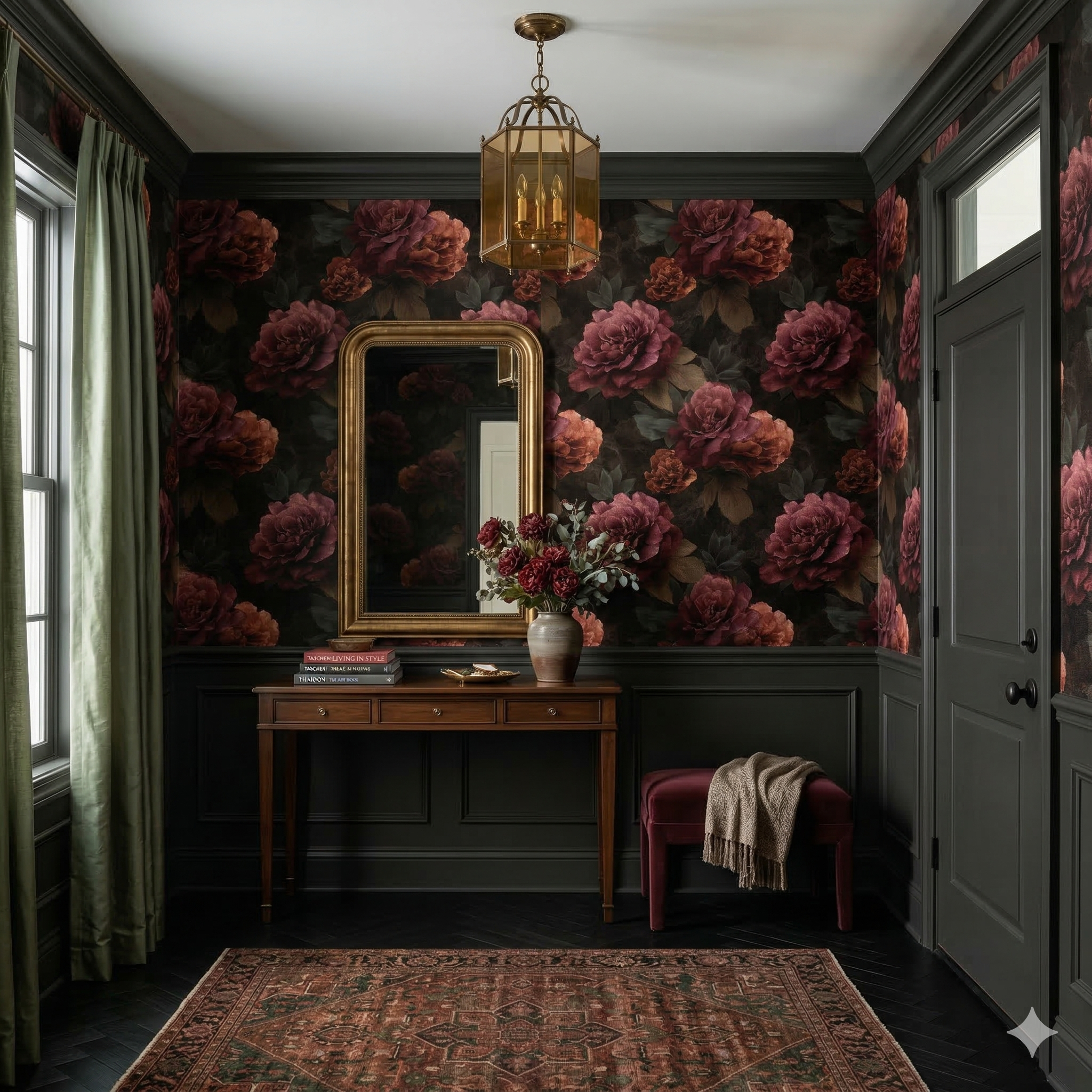 Floral wallpaper with dark background from Reverie, featuring patterns of large red and orange roses.